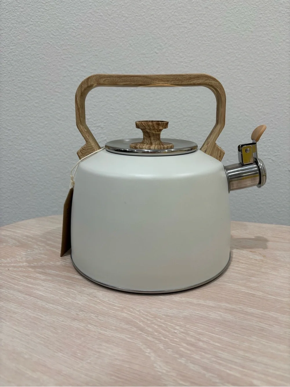 Classic Cream Whistling Tea Kettle with Wood-Effect Handle